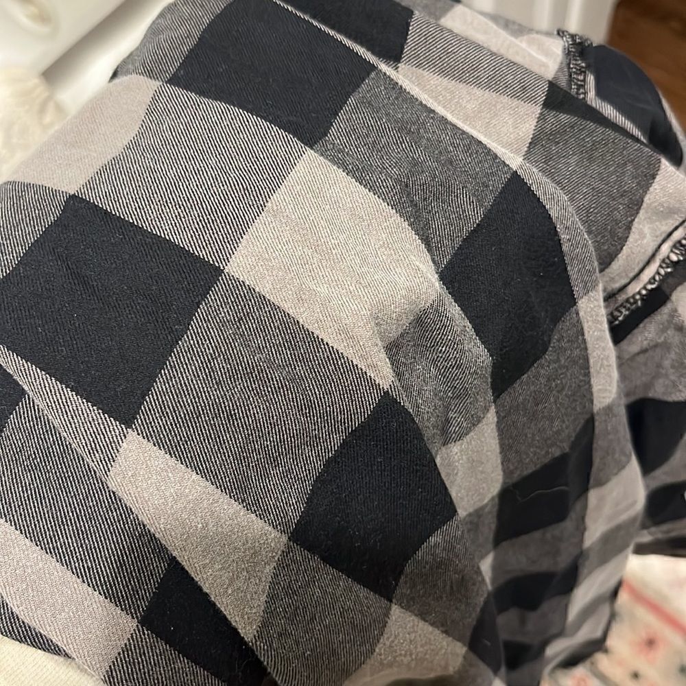 NSF Distressed Check Plaid Button Up Elongated Flannel Shirt - Picture 6 of 6